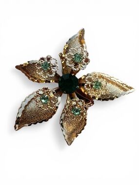 Vintage Gold Tone Green Rhinestone Floral Leaf Brooch Pin